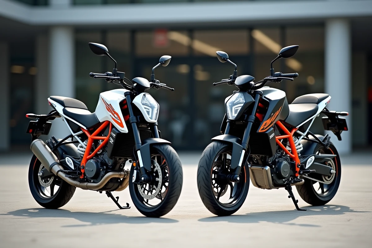 Comparatif côte à côte KTM Duke 125 2026 et Duke 390 sur le parvis d'un concessionnaire, différences de gabarit et de design clairement visibles