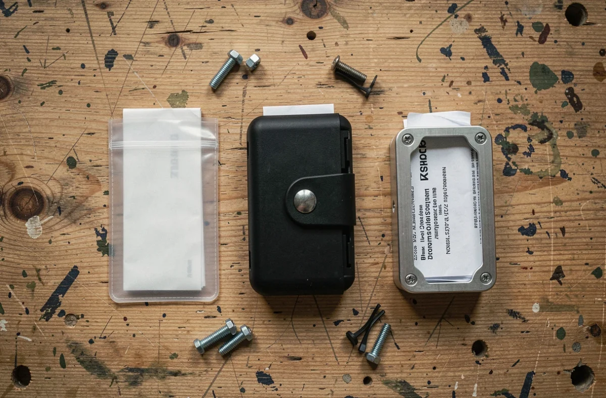 Comparatif de trois modèles de porte-vignette assurance moto posés sur un établi en bois