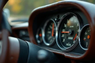 Compteur de vitesse analogique indiquant 30 mph avec échelle en kilomètres par heure sur le tableau de bord d'une voiture
