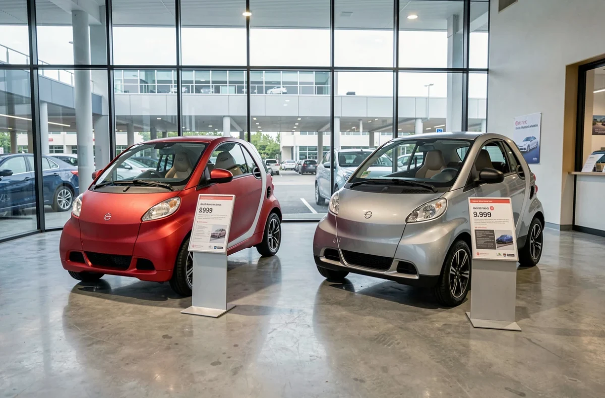 Deux voitures sans permis exposées dans une concession automobile avec étiquettes de prix