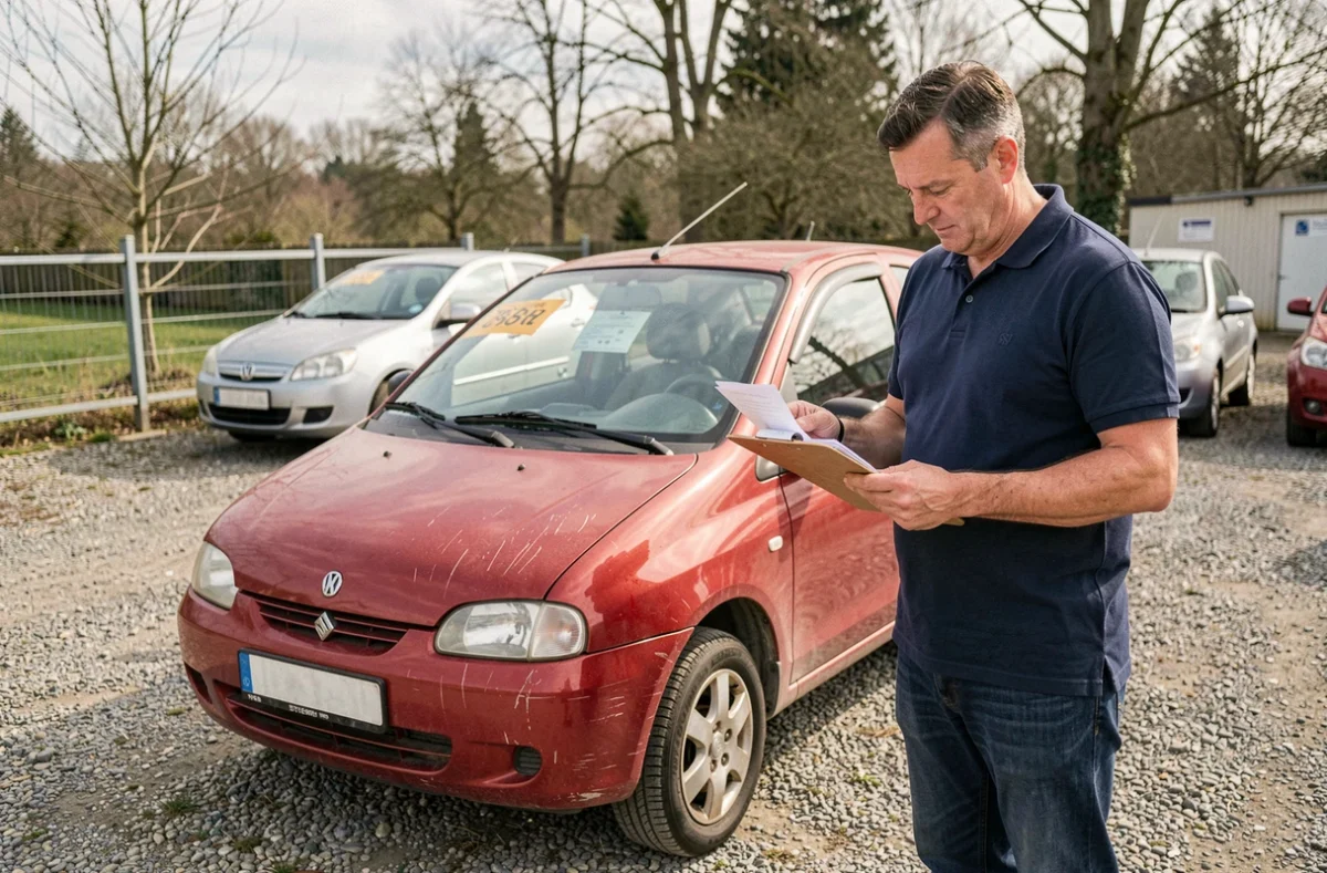Vendeur présentant une voiture sans permis d'occasion dans un parking de concessionnaire en Sarthe