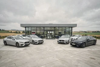 Vue panoramique d'une concession automobile en Normandie avec plusieurs véhicules exposés devant un showroom moderne