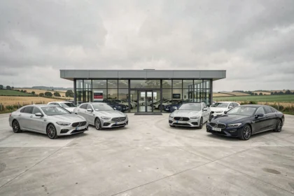 Vue panoramique d'une concession automobile en Normandie avec plusieurs véhicules exposés devant un showroom moderne