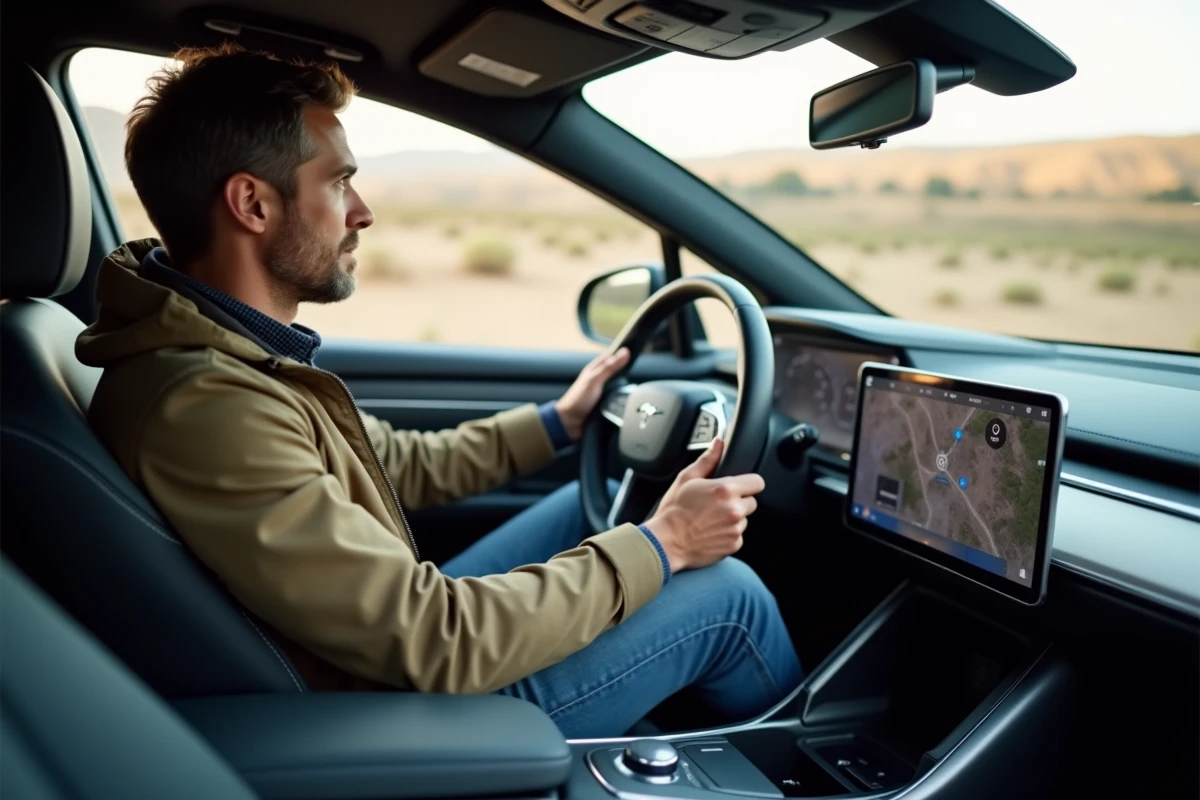 Conducteur masculin dans la quarantaine au volant d'un 4x4 électrique avec tableau de bord tactile moderne