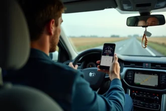 Conducteur en voiture sur autoroute consultant une application de conversion miles en kilomètres sur son téléphone monté au tableau de bord