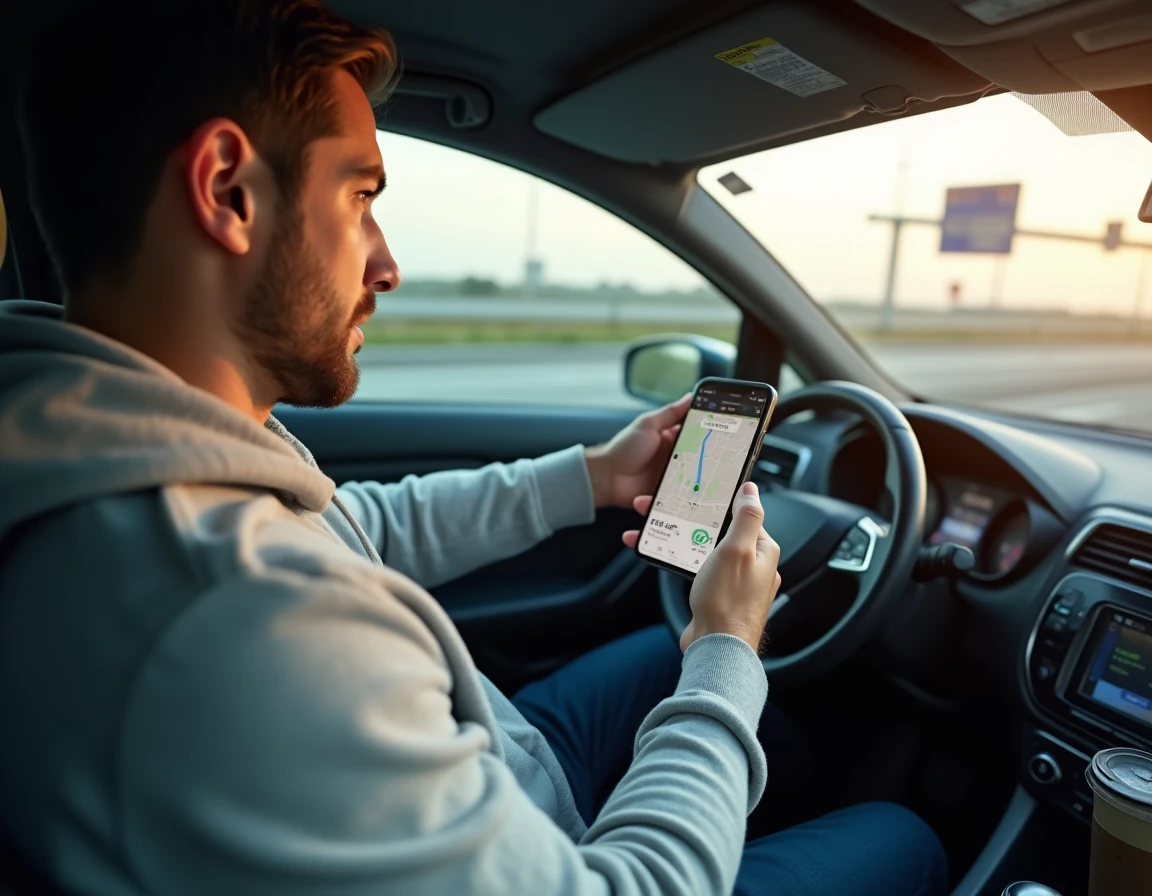 Conducteur consultant une application GPS pour choisir un itinéraire sans péage sur autoroute