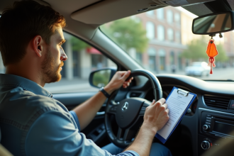 Conducteur inquiet avec voiture accidentée et documents d'assurance