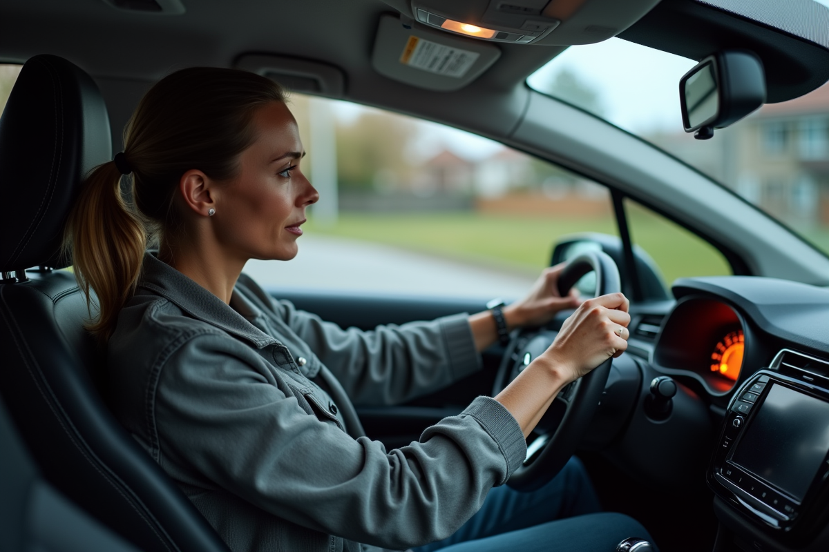 Femme conductrice regardant le voyant moteur allumé dans sa Citroen