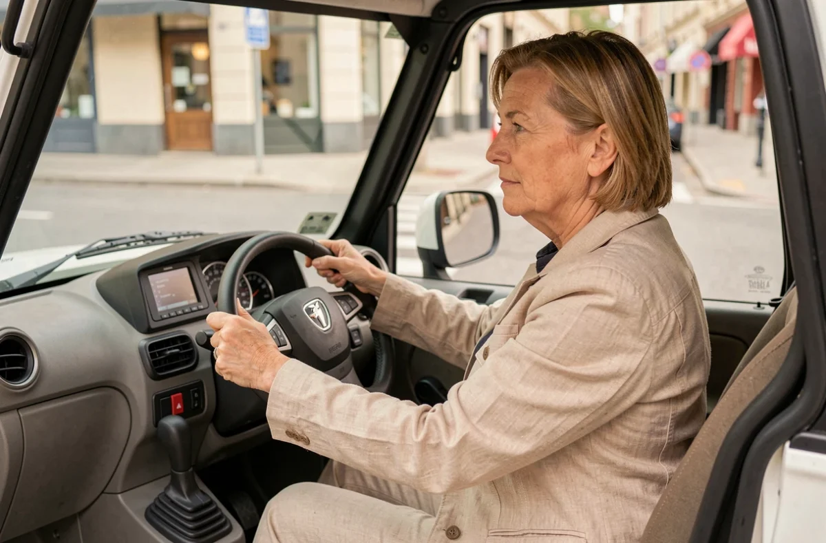 Femme d'une cinquantaine d'années au volant d'une voiture sans permis à boîte automatique