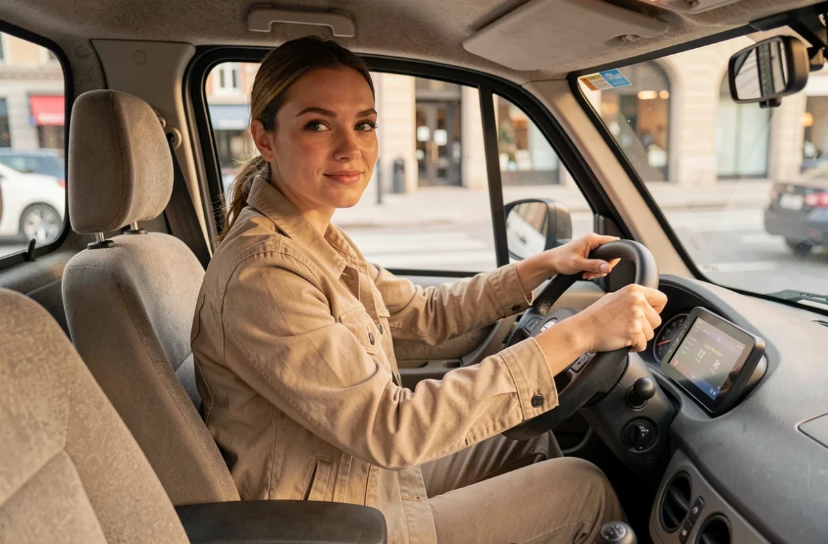 Femme conduisant une voiture sans permis dans un environnement urbain