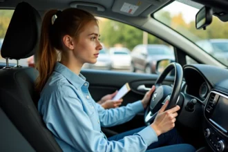 Jeune conductrice en conduite accompagnée avec un superviseur adulte tenant une grille d'évaluation dans une voiture moderne
