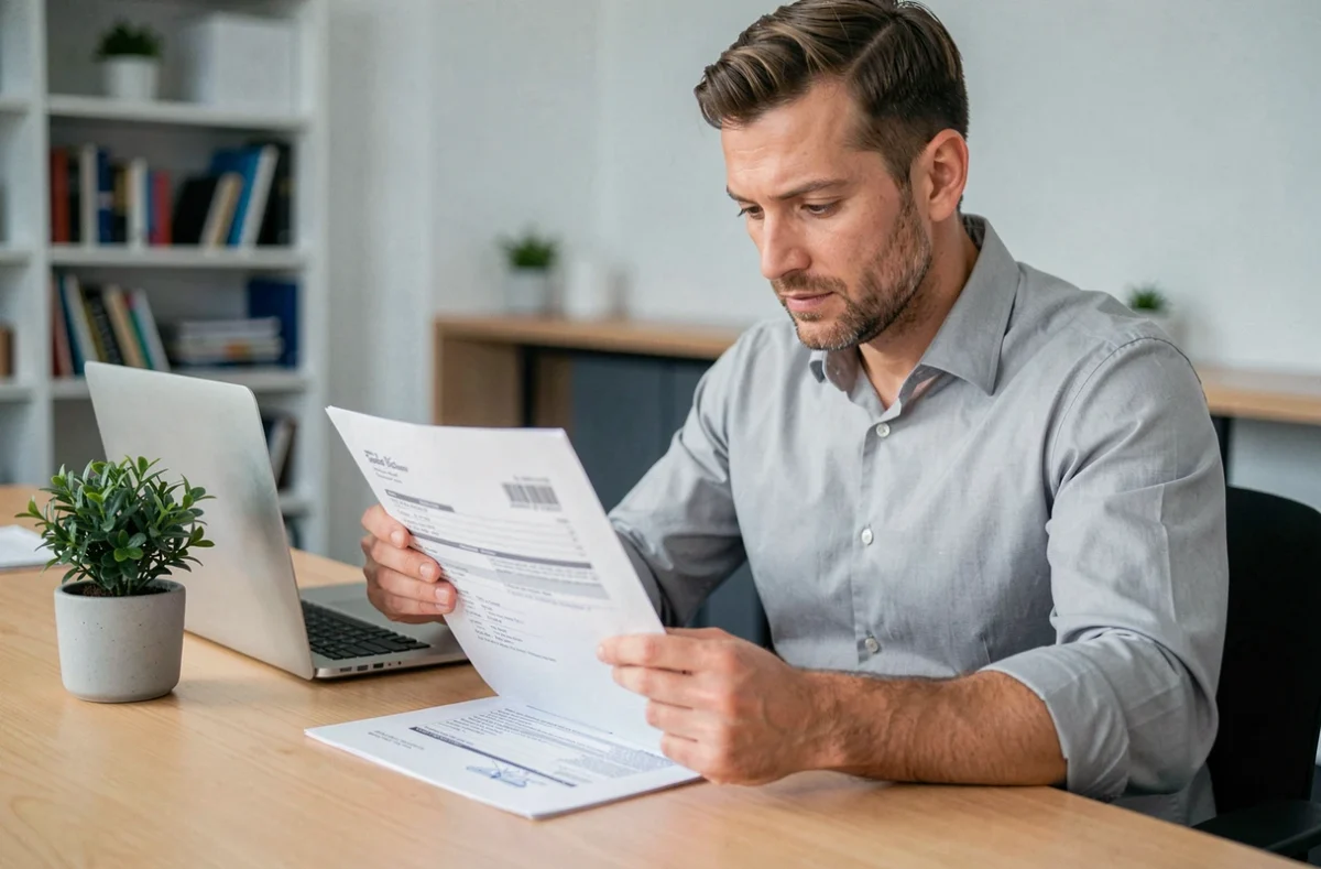 Conseiller mandataire automobile examinant un contrat de vente de véhicule prestige dans un bureau professionnel moderne