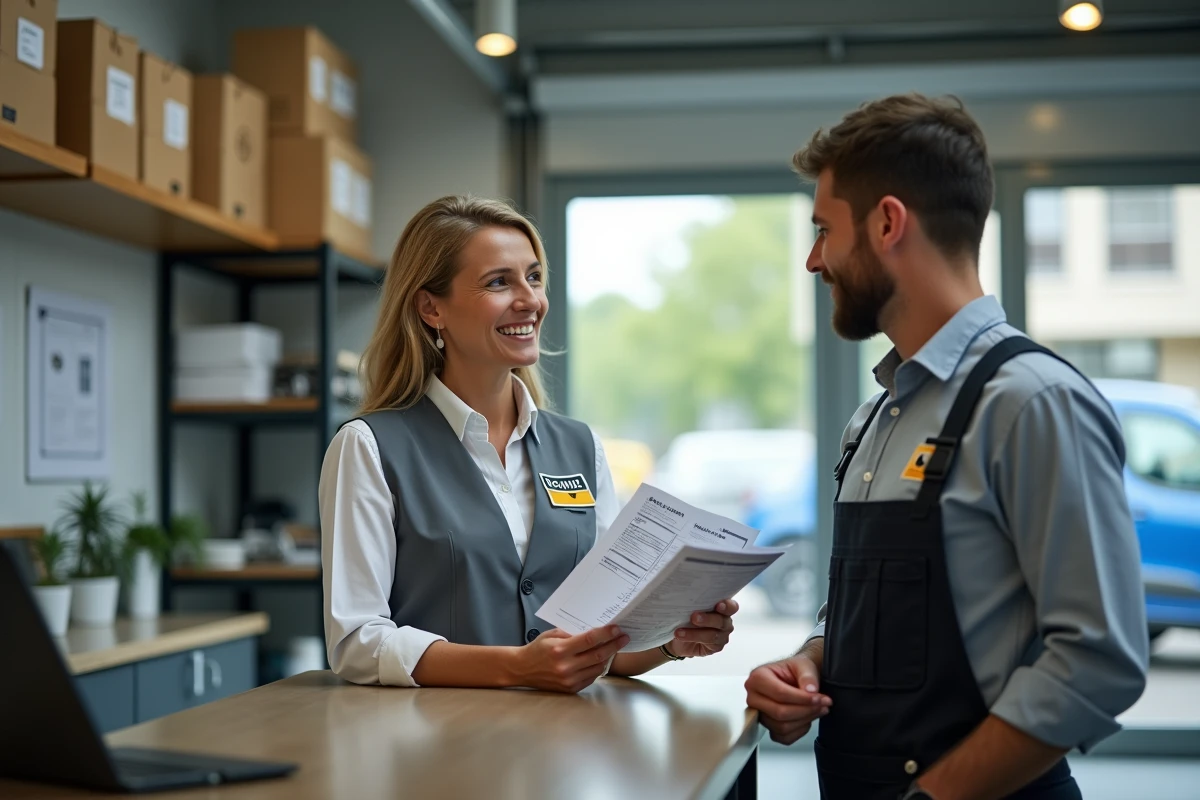 Conseillère de service et mécanicien consultant une fiche New Dialogys à l'accueil d'un petit atelier Renault