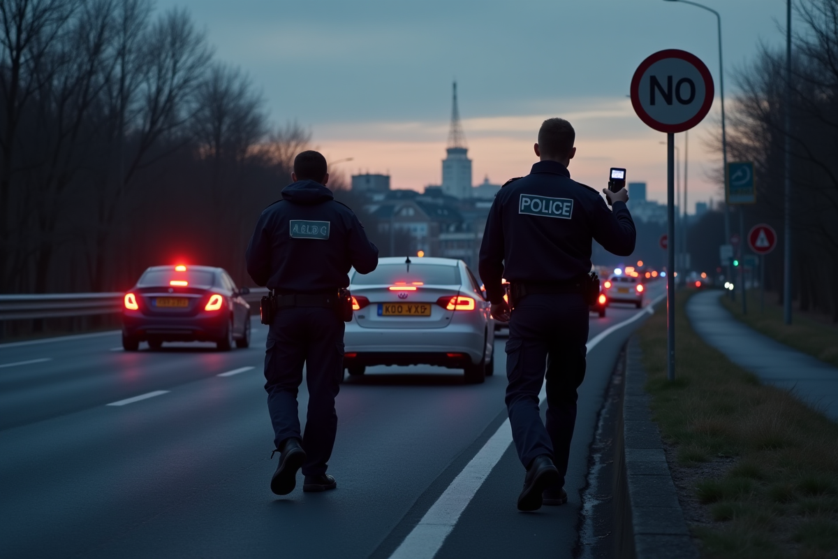 Contrôle routier de police en France au crépuscule