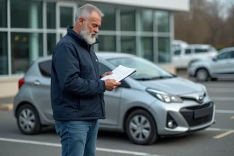 Homme d'âge moyen vérifiant un document de contrôle véhicule