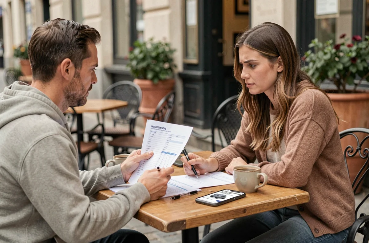 Couple analysant les documents d'un fourgon aménagé d'occasion autour d'un café, discutant des pièges à éviter lors de l'achat