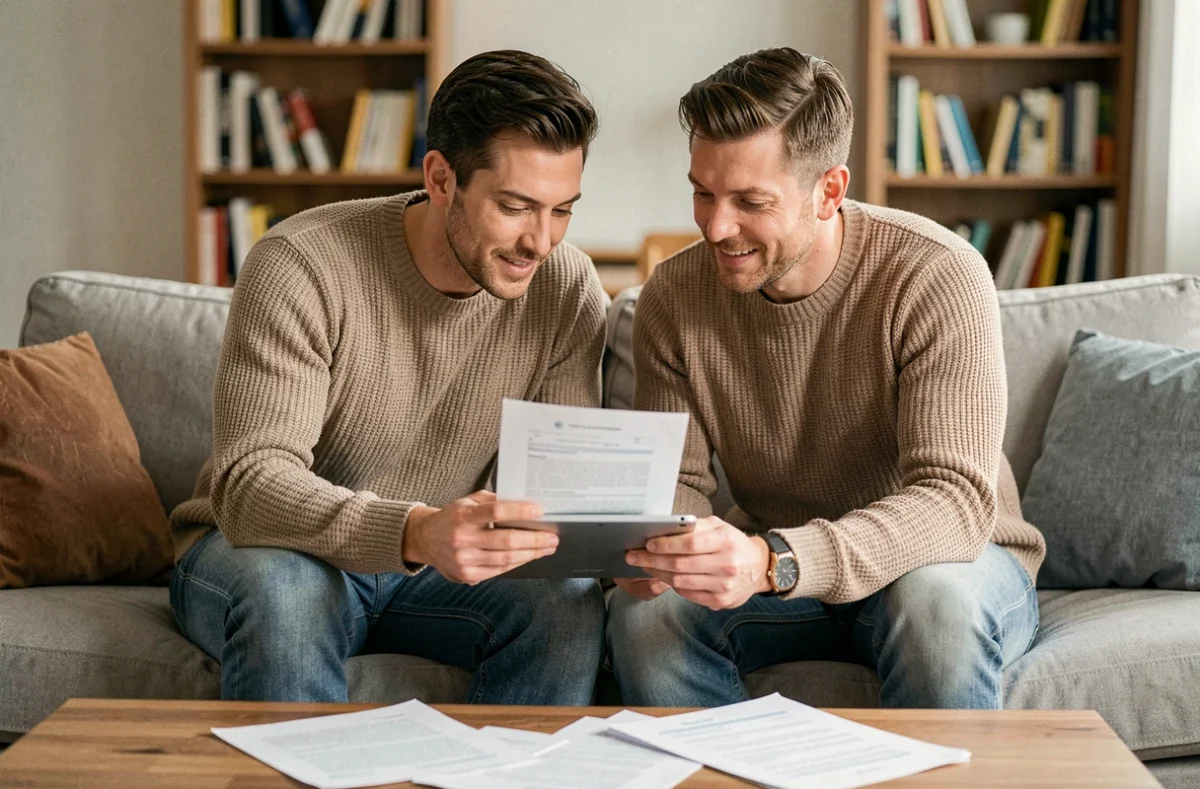Couple examinant ensemble les options de changement de contrat d'assurance auto sur une tablette à domicile