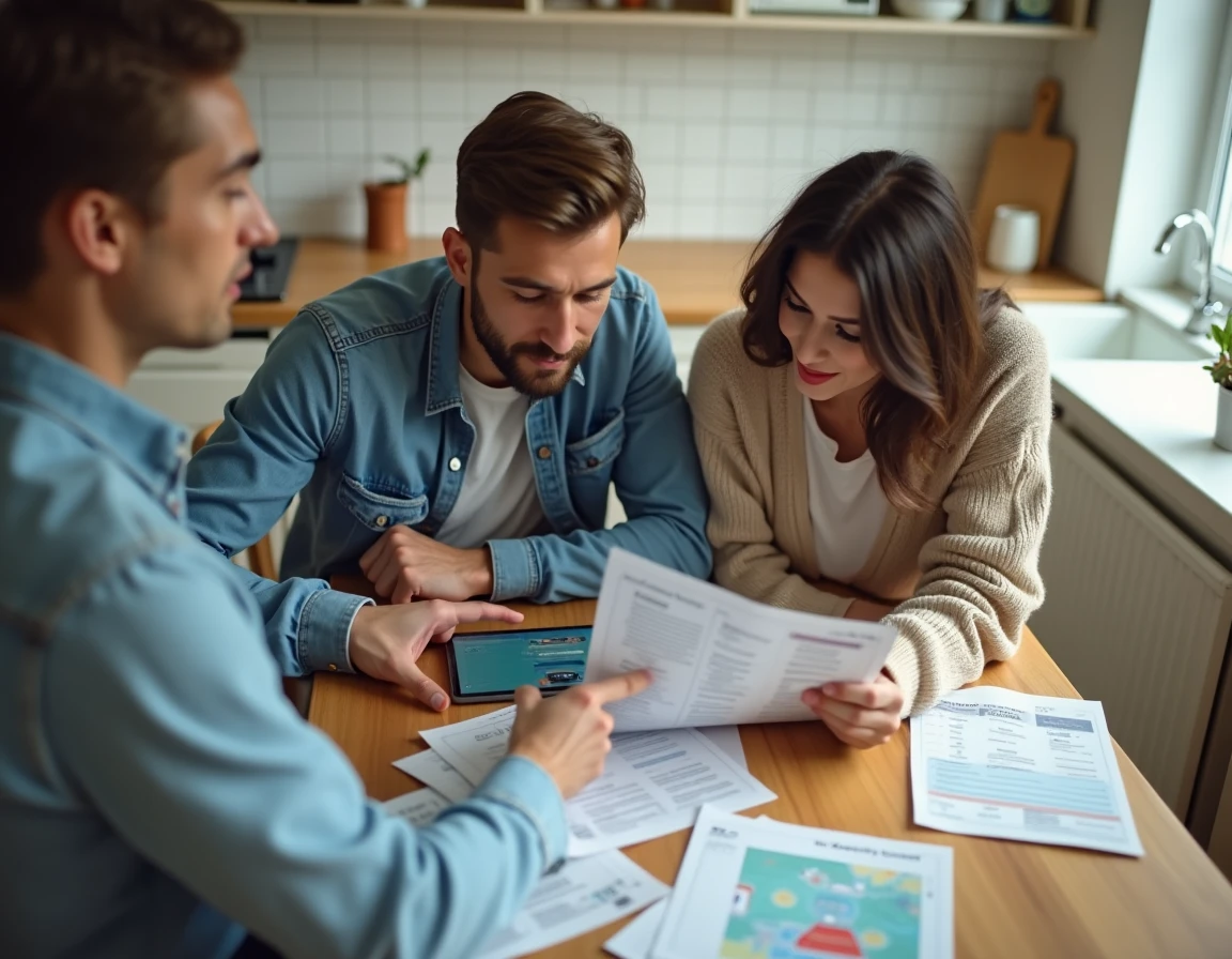 Couple comparant des devis d'assurance auto imprimés et en ligne à la maison