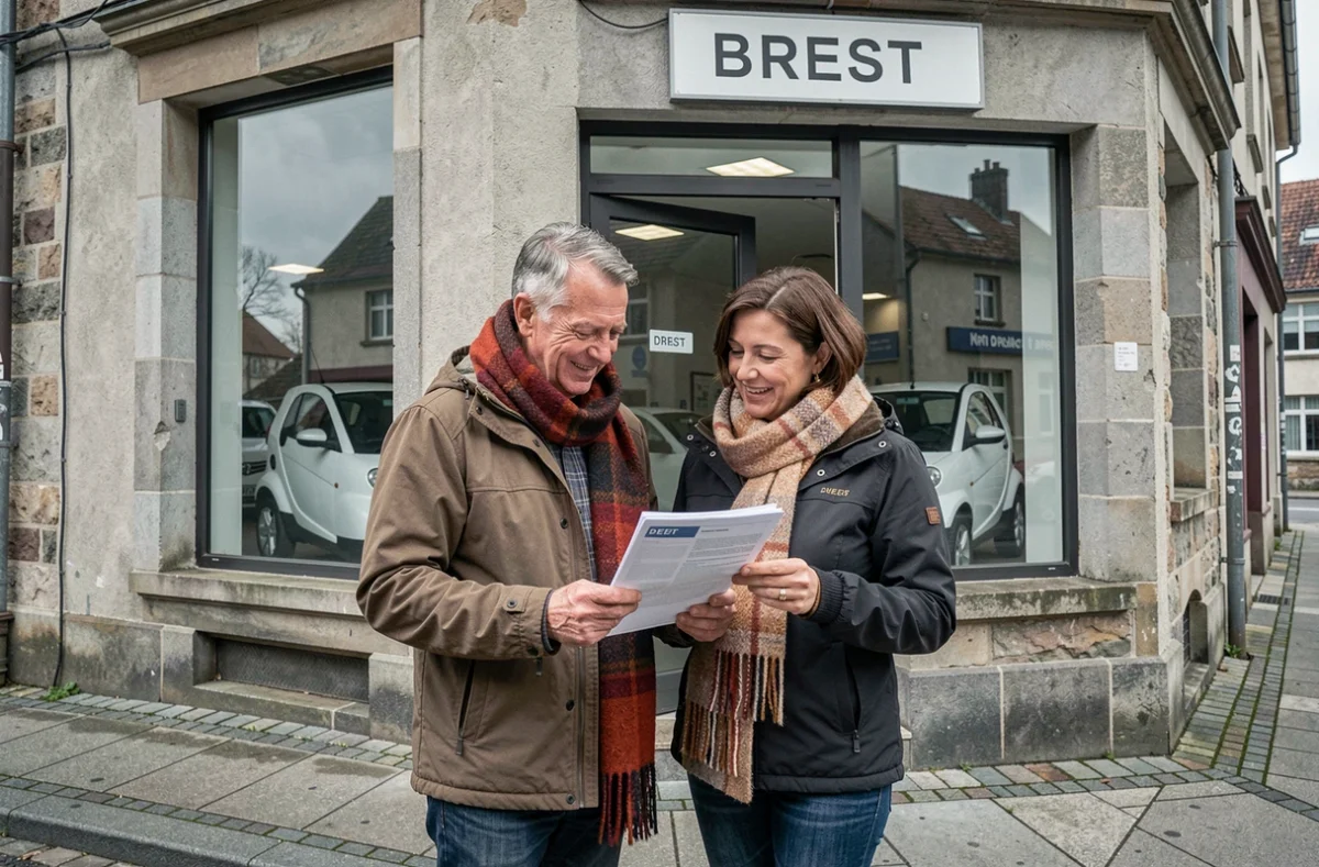 Couple comparant des devis pour l'achat d'une voiture sans permis devant un concessionnaire à Brest