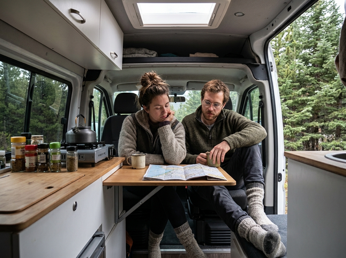 Couple épuisé assis autour d'une petite table pliante dans un van aménagé sous des pins, avec carte routière ouverte et réchaud à gaz