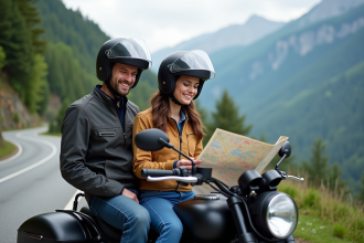 Couple en moto sur une route de montagne avec vue panoramique