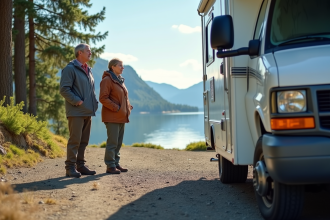 Couple regardant leur pneu crevé près d'un lac