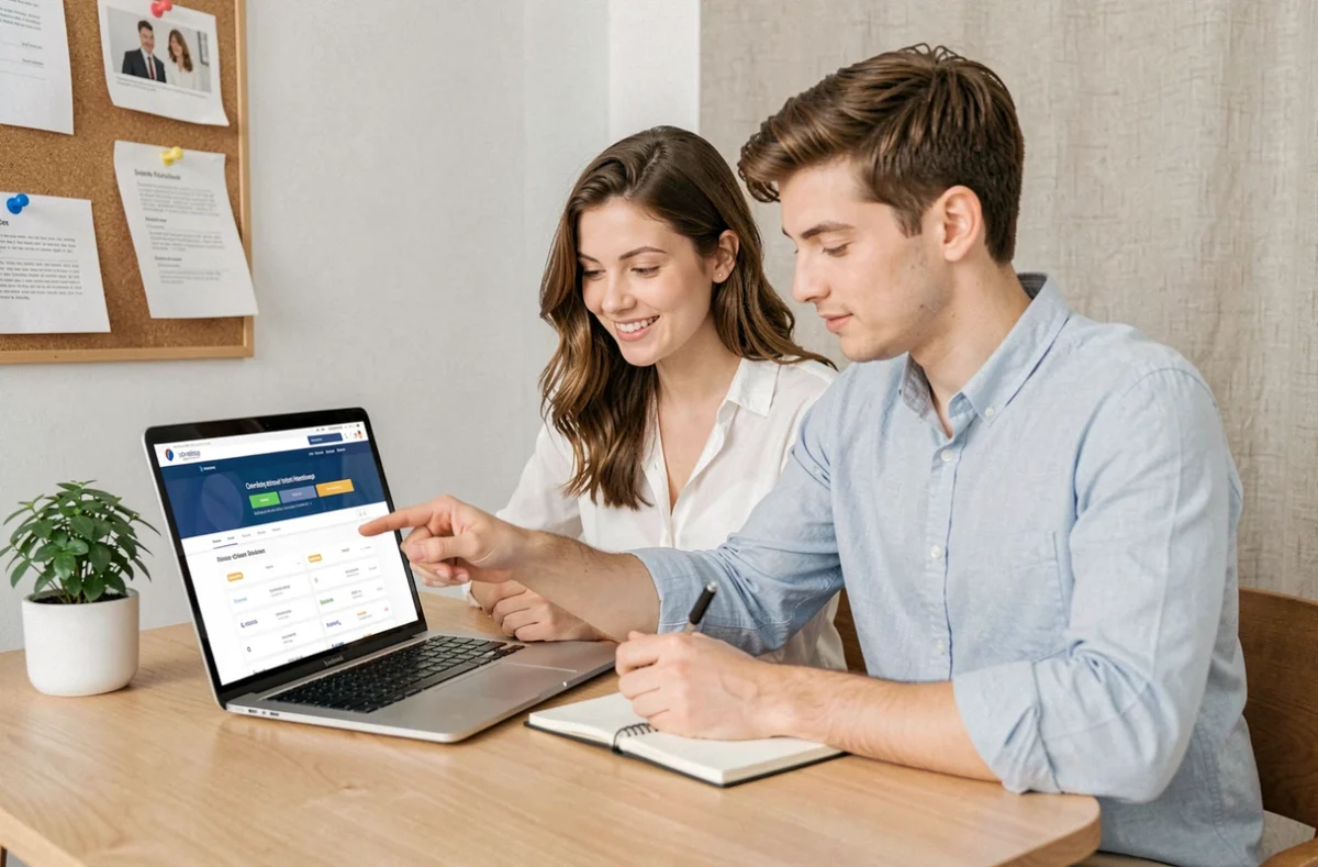 Couple cherchant une assurance véhicule pas cher en ligne depuis leur bureau à domicile