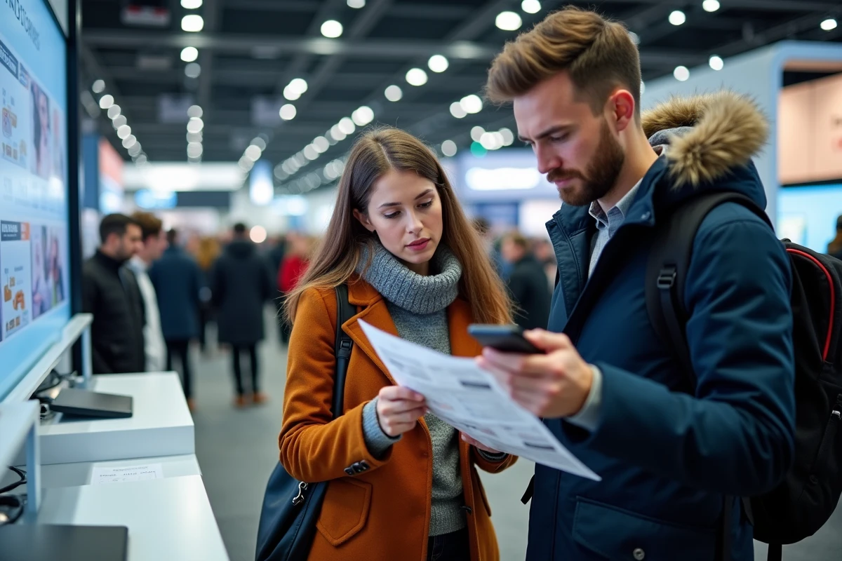 Couple consultant un plan et un smartphone à un stand d'information du Salon de l'automobile de Paris