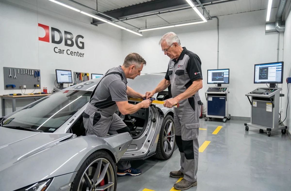 Technicien DBG Car Center Dijon effectuant un alignement précis de carrosserie sur un véhicule haut de gamme avec équipement de mesure