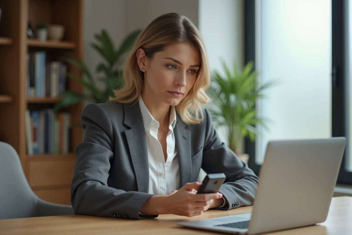 Femme utilisant un détecteur de signal RF pour vérifier la présence d'un traceur GPS dans un bureau à domicile