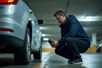Homme inspectant le dessous d'une voiture avec un détecteur de traceur GPS dans un parking souterrain