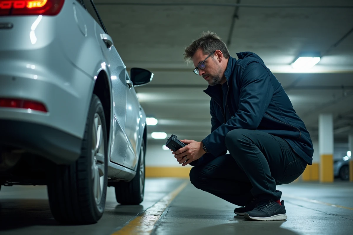 Homme inspectant le dessous d'une voiture avec un détecteur de traceur GPS dans un parking souterrain