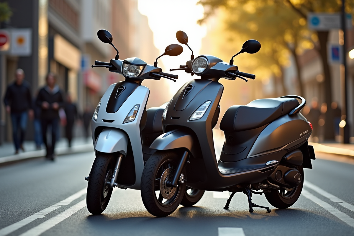 Deux scooters modernes stationnés en ville le matin
