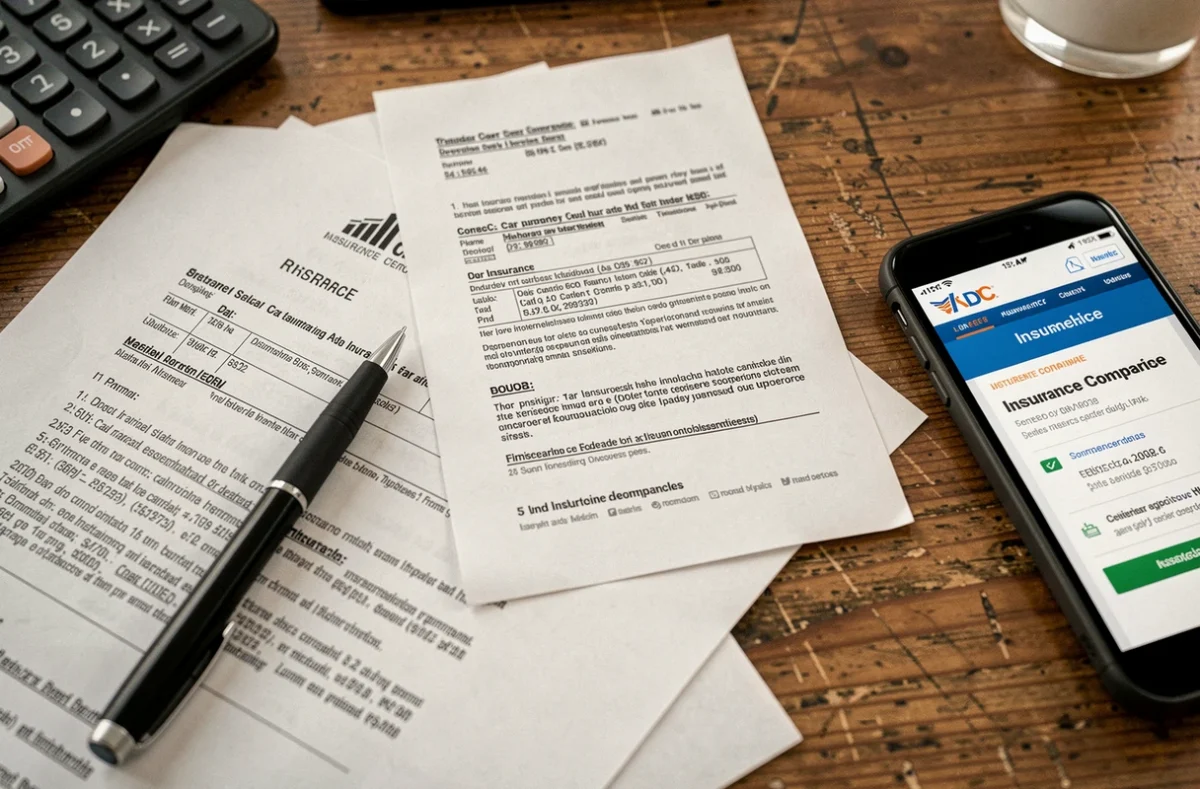 Devis d'assurance auto imprimés et comparateur en ligne sur un bureau avec calculatrice