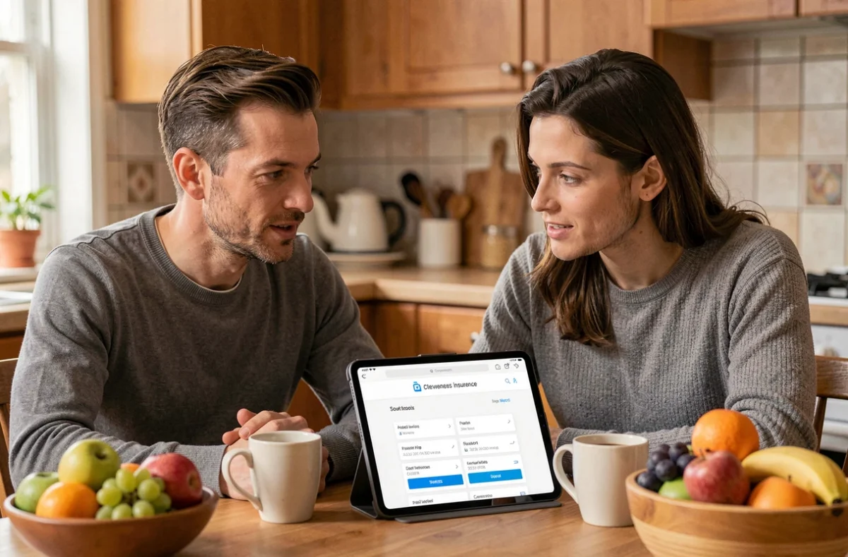 Couple consultant un comparateur d'assurance auto en ligne sur une tablette dans leur cuisine