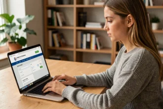 Jeune femme obtenant un devis d'assurance auto en ligne sur son ordinateur portable dans un bureau à domicile