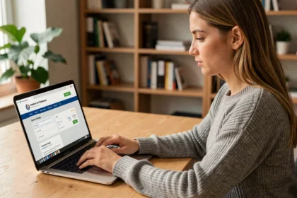 Jeune femme obtenant un devis d'assurance auto en ligne sur son ordinateur portable dans un bureau à domicile