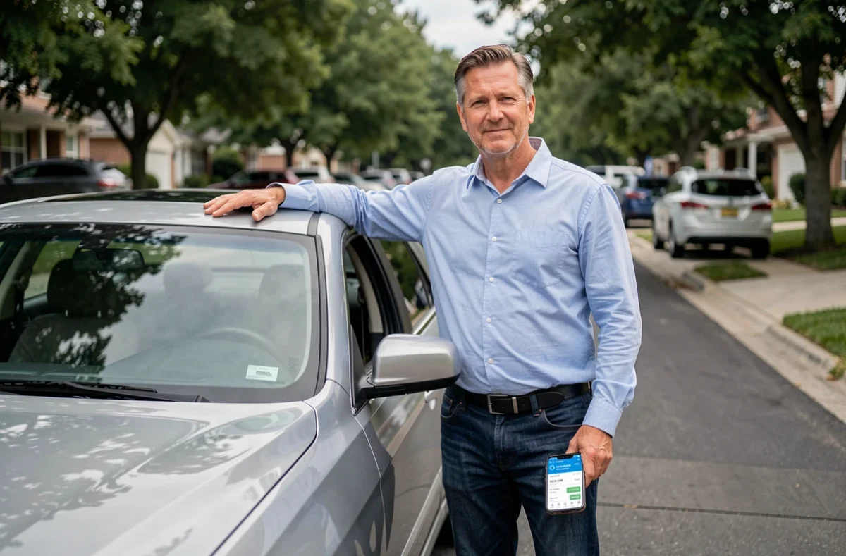 Homme comparant des devis d'assurance auto sur smartphone devant sa voiture dans une allée résidentielle