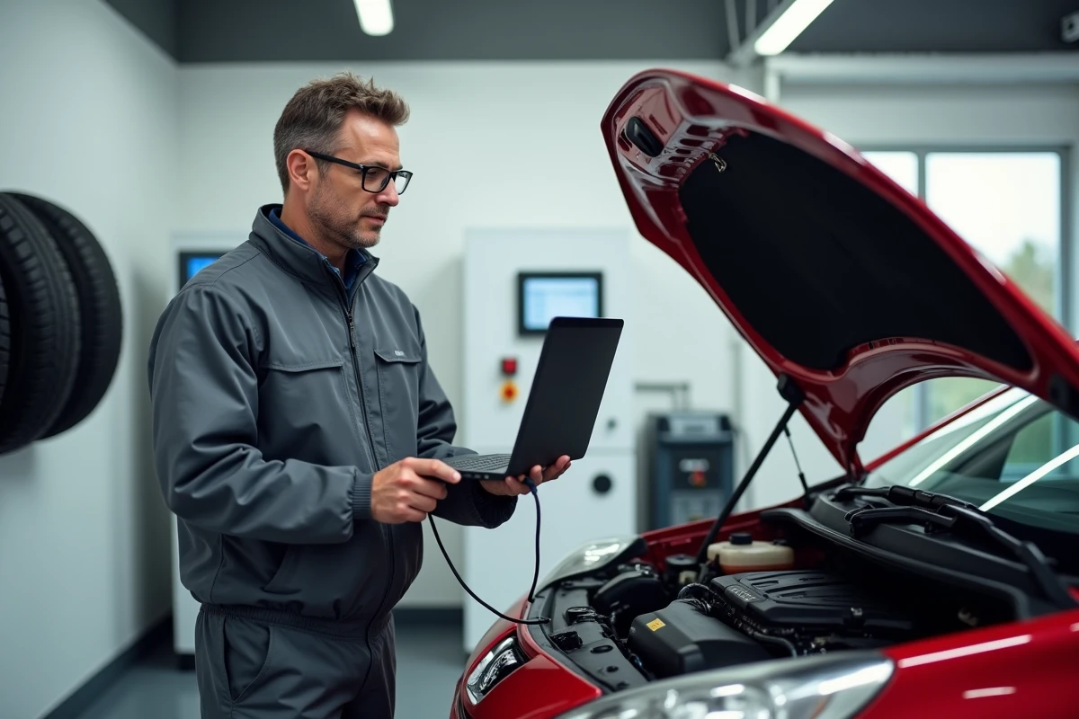 Technicien automobile réalisant un diagnostic électronique sur une Peugeot 207 avec un outil OBD