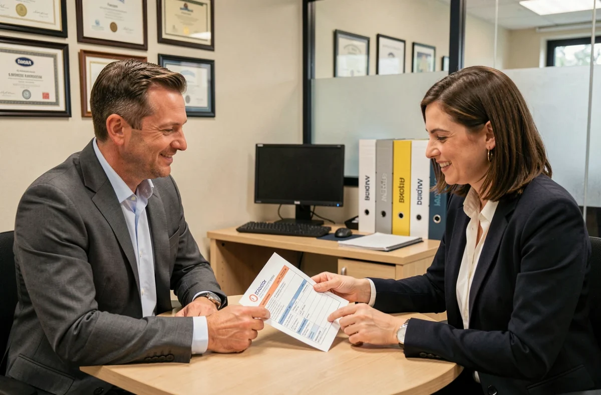 Deux professionnels discutant d'un contrat d'assurance automobile spécifique pour usage professionnel