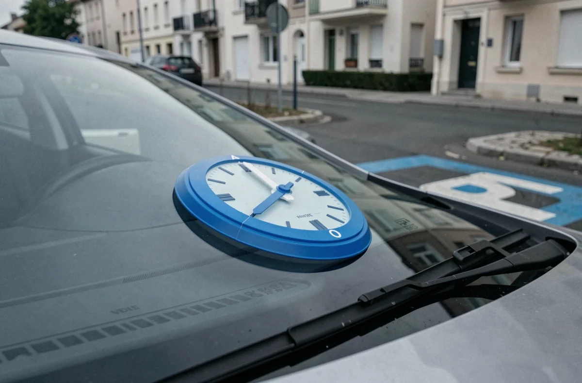 Disque de stationnement bleu posé sur le tableau de bord d'une voiture garée en zone bleue