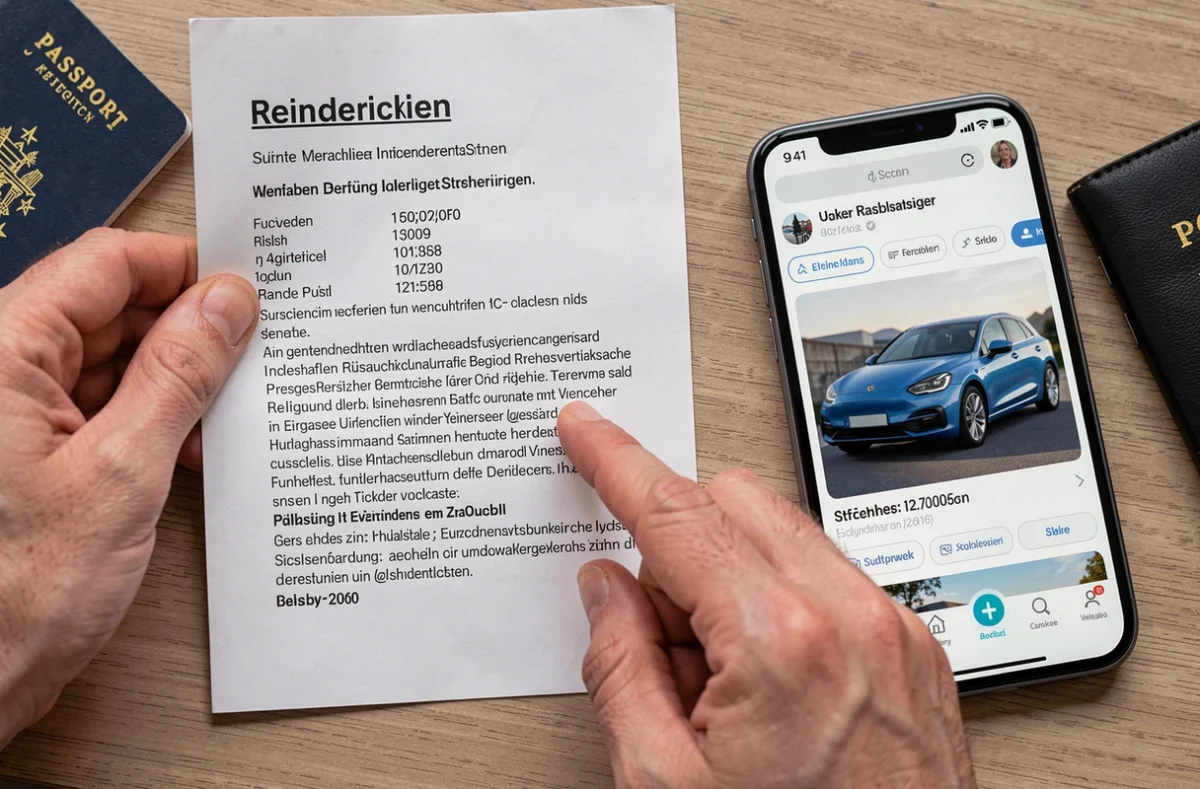 Documents administratifs pour l'importation d'une voiture électrique depuis l'Allemagne avec un smartphone affichant une annonce automobile