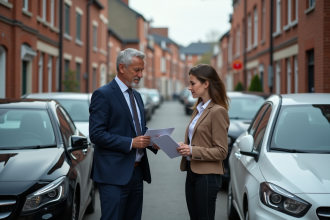 Homme d'affaires et jeune femme échangeant documents d'assurance dans la rue