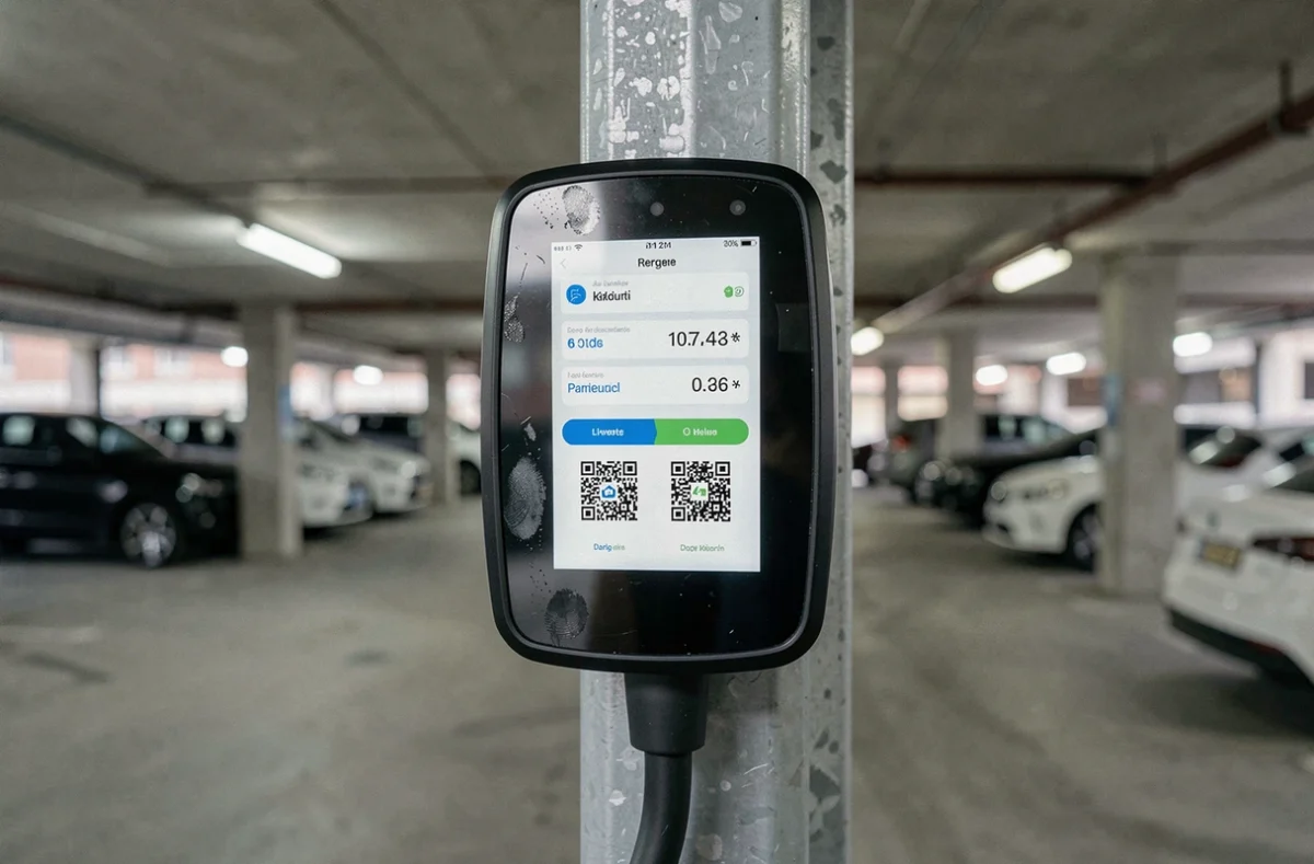 Écran d'une borne de recharge électrique affichant les informations de charge en français dans un parking couvert à Colmar