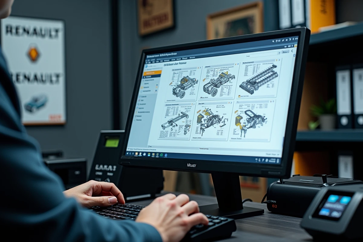 Écran du logiciel New Dialogys affichant le catalogue de pièces détachées Renault dans un bureau d'atelier
