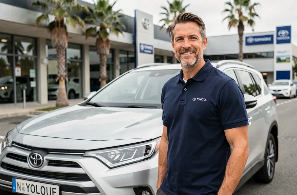 Vendeur Toyota devant un SUV récent chez edenauto Toyota Toulouse États-Unis