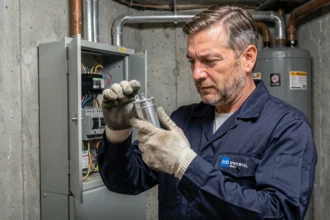 Électricien tenant un condensateur électrique cylindrique lors de la maintenance d'un compresseur dans une salle technique résidentielle