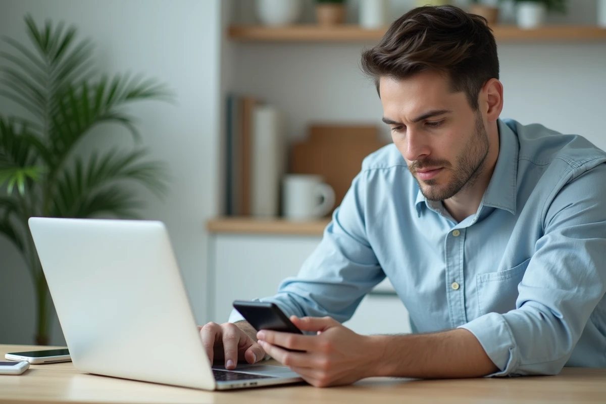 Homme consultant son résultat de permis de conduire en ligne depuis son domicile pour l'envoyer à son employeur