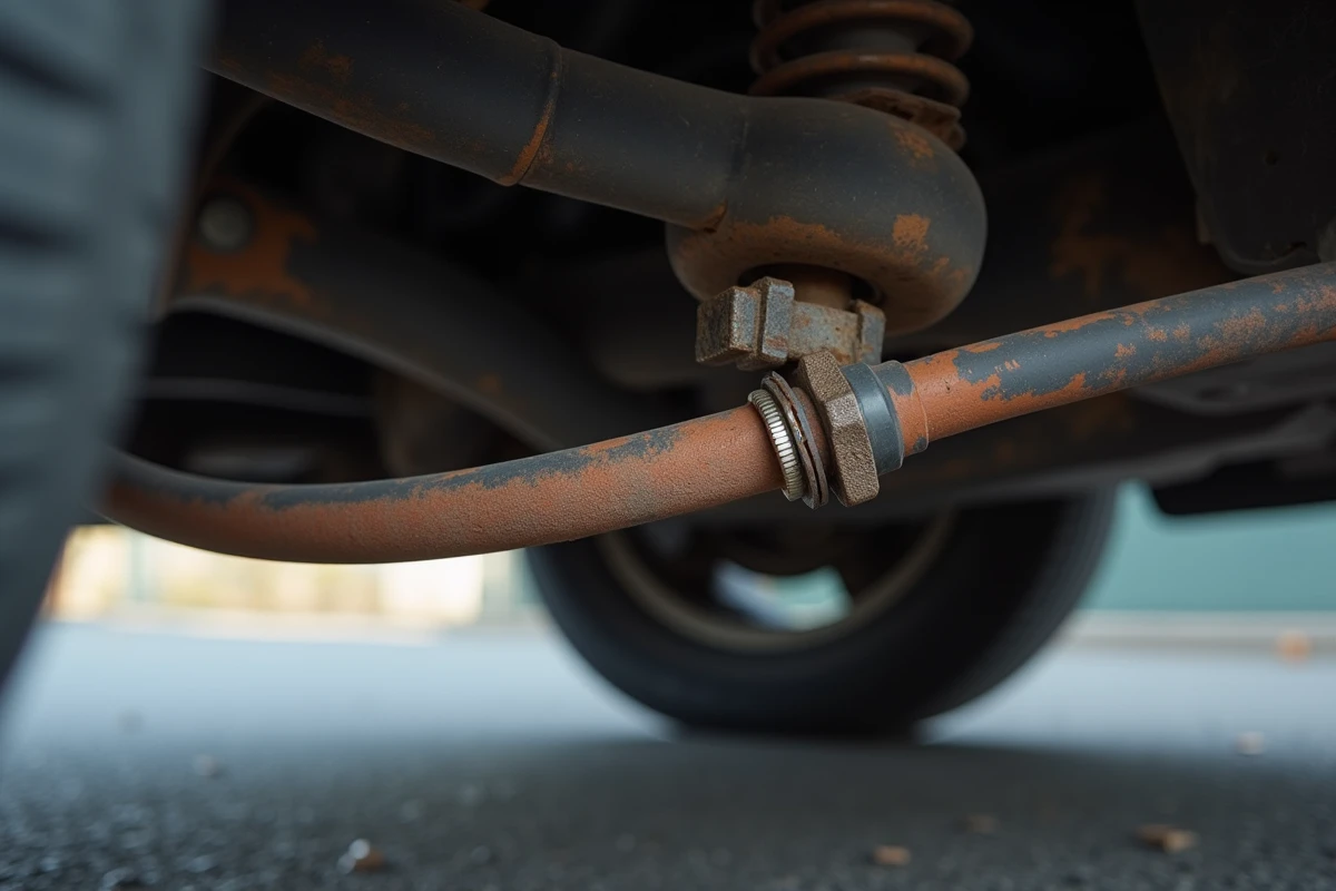 Durite de frein Avia mal montée avec un vrillage visible et de la corrosion sur le raccord au niveau de la suspension