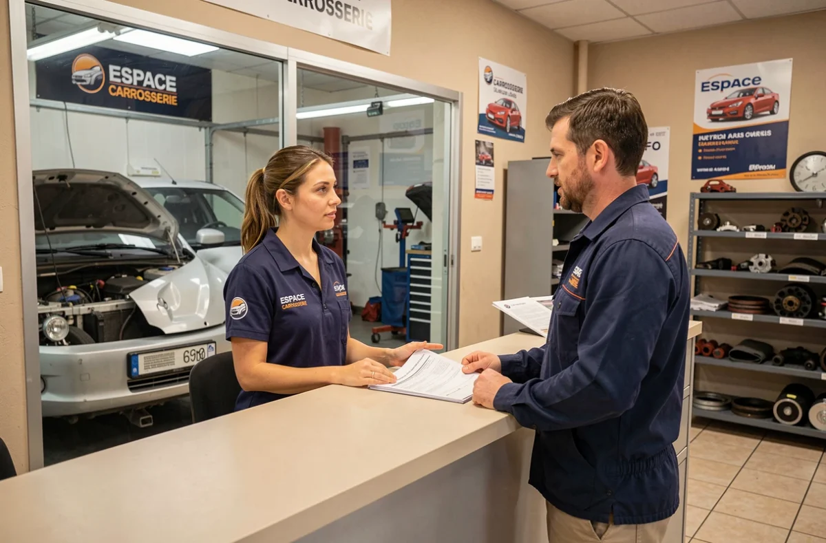 Conseillère de l'Espace Carrosserie discutant d'un devis de réparation avec un client à l'accueil de l'atelier